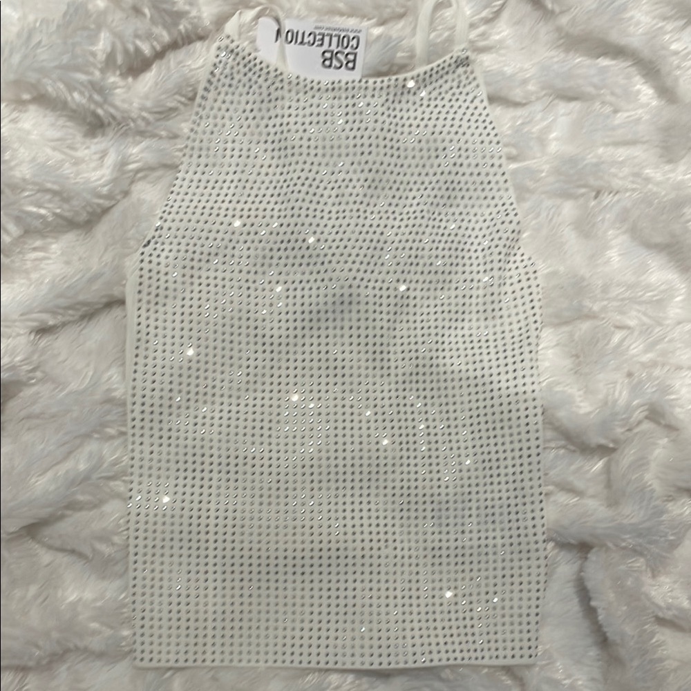 AMAZING BSB Collection White Rhinestone HALTER Tank Top. SUPER SEXY SUPER FIT